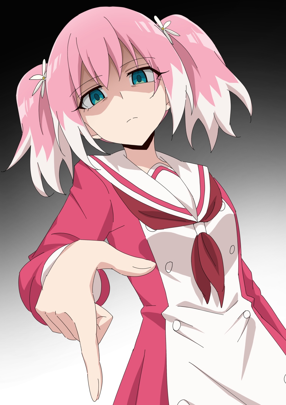 1girl annoyed breasts colored_tips dress empty_eyes flower frown gradient_background green_eyes grey_background hair_flower hair_ornament half-closed_eyes hatenoga highres hiiragi_nana index_finger_raised long_sleeves looking_at_viewer medium_breasts multicolored_hair munou_na_nana neckerchief pink_dress pink_hair pointing pointing_down sailor_collar sailor_dress shaded_face standing twintails two-tone_hair white_hair white_sailor_collar