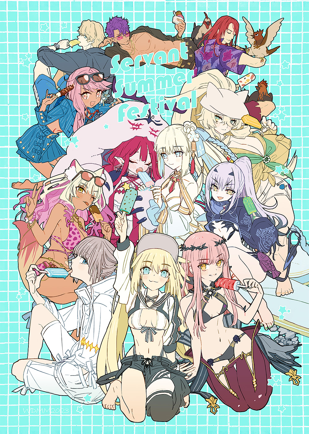 4boys 6+girls animal_ears animal_print antlers artoria_caster_(fate) artoria_caster_(swimsuit)_(fate) artoria_caster_(swimsuit)_(first_ascension)_(fate) artoria_caster_(swimsuit_berserker)_(fate) artoria_caster_(swimsuit_berserker)_(first_ascension)_(fate) artoria_pendragon_(fate) asymmetrical_clothes bandeau baobhan_sith_(fate) baobhan_sith_(swimsuit_pretender)_(fate) baobhan_sith_(swimsuit_pretender)_(first_ascension)_(fate) bare_shoulders barghest_(fate) barghest_(swimsuit_archer)_(fate) barghest_(swimsuit_archer)_(first_ascension)_(fate) baseball_cap belly_chain bikini bird black_bikini black_jacket black_pants black_shorts blonde_hair blue_eyes blue_hair blue_jacket blue_shorts blue_skirt blush bracelet braid breasts camisole cernunnos_(fate) character_hood chicken chloe_von_einzbern chloe_von_einzbern_(swimsuit_avenger) chloe_von_einzbern_(swimsuit_avenger)_(first_ascension) circlet cleavage closed_eyes cnoc_na_riabh_(fate) cnoc_na_riabh_(swimsuit_foreigner)_(fate) collarbone criss-cross_halter cropped_jacket dark-skinned_female dark_skin detached_collar detached_sleeves eyewear_on_head fate/grand_order fate_(series) fingerless_gloves flower food forked_eyebrows fox_ears fox_girl fox_tail gawain_(fate) gawain_(scion_of_summer)_(fate) gloves gradient_hair green_eyes grey_hair grey_headwear grey_jacket grey_skirt grin hair_flower hair_ornament hair_ribbon halterneck hat hawaiian_shirt high_ponytail highres horns jacket jewelry lancelot_(fate/grand_order) lancelot_(strongest_knight_of_summer)_(fate) large_breasts leggings leopard_print long_hair long_sleeves looking_at_viewer mask medb_(fate) medium_breasts melusine_(fate) melusine_(swimsuit_ruler)_(fate) melusine_(swimsuit_ruler)_(first_ascension)_(fate) miniskirt morgan_le_fay_(fate) morgan_le_fay_(water_princess)_(fate) mouth_mask multicolored_hair multiple_boys multiple_girls nail_polish navel neckerchief necklace oberon_(fate) oberon_(refreshing_summer_prince)_(fate) one_eye_closed open_clothes open_jacket open_mouth orange_eyes pants pencil_skirt pink_bikini pink_hair pointy_ears ponytail popsicle puffy_long_sleeves puffy_sleeves purple_eyes purple_hair purple_shirt red_hair ribbon shirt short_sleeves shorts shrug_(clothing) sidelocks single_pantsleg skirt small_breasts smile stomach_tattoo sunglasses suzuka_gozen_(fate) suzuka_gozen_(swimsuit_rider)_(fate) suzuka_gozen_(swimsuit_rider)_(second_ascension)_(fate) swimsuit tail tan tattoo tied_shirt tongue tongue_out tristan_(chicken_of_luluhawa)_(fate) tristan_(fate) twin_braids twintails very_long_hair wada_arco white_bikini white_camisole white_hair white_headwear white_jacket white_shorts yellow_eyes yellow_gloves yellow_shirt
