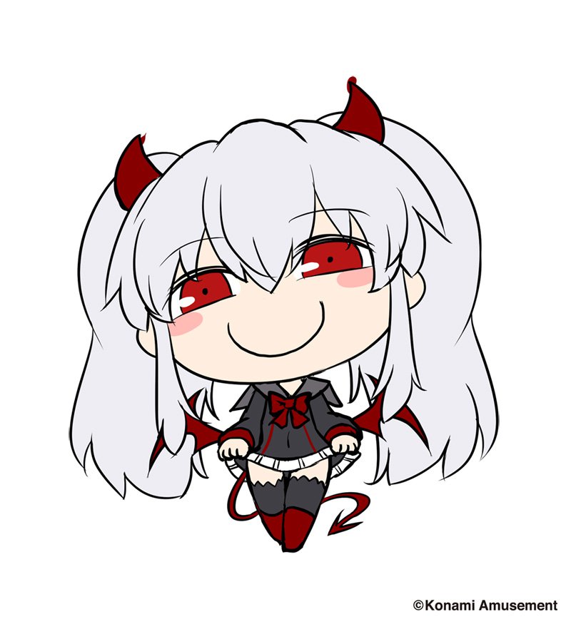 1girl albino black_dress black_thighhighs blush_stickers boots bow chibi commentary_request demon_horns demon_tail demon_wings dress full_body grim_aloe horns long_hair looking_at_viewer low_wings official_art qma_staff quiz_magic_academy quiz_magic_academy_the_world_evolve red_eyes skirt_hold smile tail thighhighs twintails white_hair wings zettai_ryouiki
