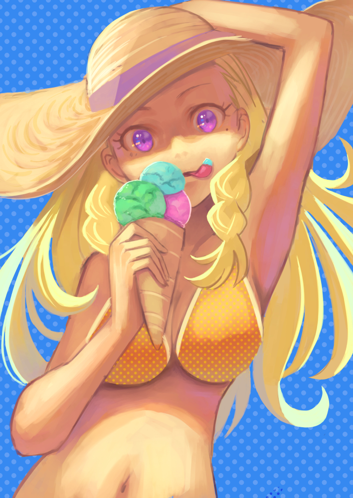 1girl amamiya_elena armpits bikini bikini_top_only blonde_hair blue_background breasts cleavage collarbone female_focus floating_hair food hat holding holding_food ice_cream jj_(ssspulse) long_hair looking_at_viewer medium_breasts mole mole_under_mouth navel orange_bikini polka_dot polka_dot_background polka_dot_bikini polka_dot_bikini_top precure purple_eyes solo star_twinkle_precure straw_hat sun_hat swimsuit tongue tongue_out upper_body yellow_hat