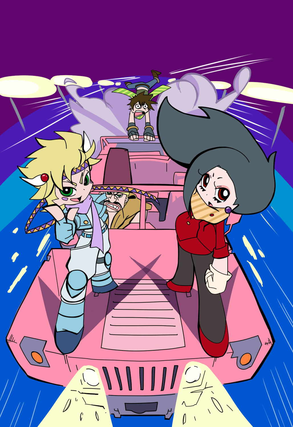 1girl 3boys battle_tendency black_hair blue_jacket brown_hair caesar_anthonio_zeppeli car fingerless_gloves gloves highres jacket jojo_no_kimyou_na_bouken joseph_joestar joseph_joestar_(young) lisa_lisa messina_(jojo) mother_and_son motor_vehicle multiple_boys panty_&amp;_stocking_with_garterbelt pantyhose parody red_footwear scarf shoes striped_clothes striped_scarf style_parody ukihashi