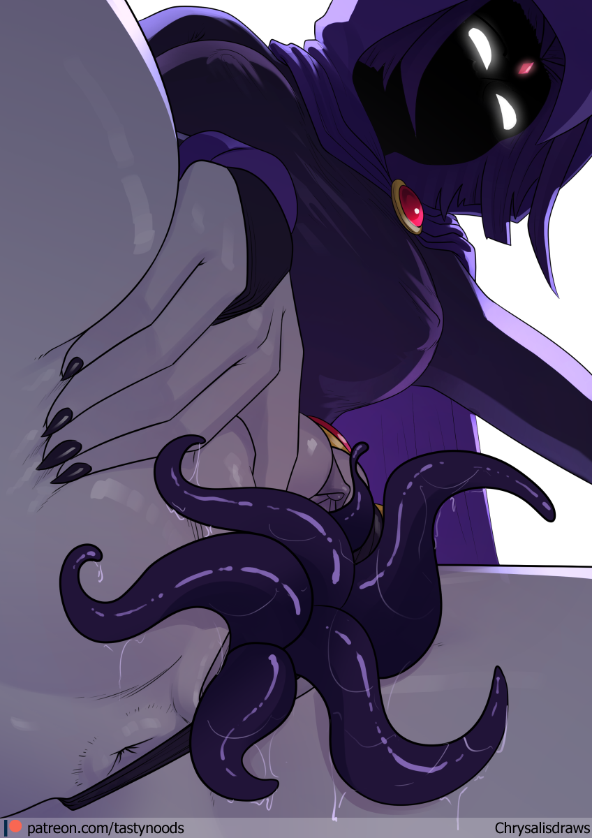 1girl anus artist_name black_leotard black_panties breasts cape chrysalisdraws clitoris colored_pussy colored_skin covered_erect_nipples dc_comics fingernails forehead_jewel from_below gem glowing glowing_eyes grey_skin hand_on_own_thigh highleg highres image_sample knees_out_of_frame large_breasts leotard looking_at_viewer panties patreon_logo patreon_sample patreon_username purple_cape purple_hair purple_hood pussy_juice pussy_tentacle raven_(dc) red_gemstone shade shaded_face sharp_fingernails short_hair simple_background sleeved_leotard solo spread_pussy spreading_own_pussy tentacles thighs uncensored underwear white_background white_eyes