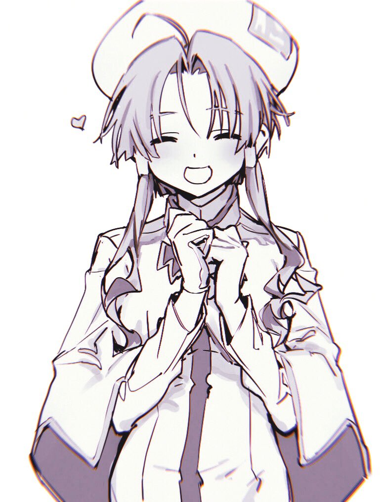 1girl :d ^_^ ahoge aria_(manga) aria_company_uniform bad_id bad_twitter_id beret closed_eyes cowboy_shot dress facing_viewer hair_tubes hands_up hat heart inactive_account long_hair long_sleeves mizunashi_akari open_mouth own_hands_together sidelocks simple_background smile solo standing suiso_(owp) white_background
