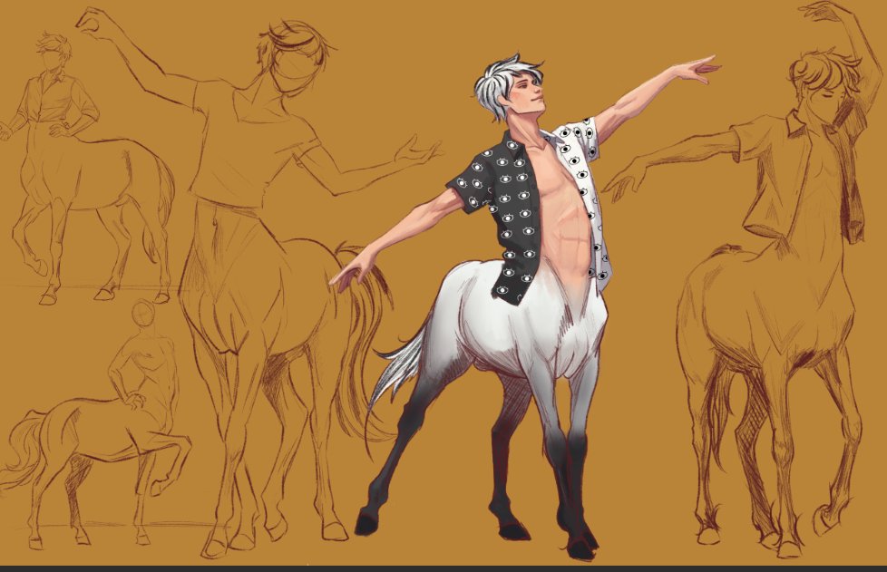 1boy abs baxter_ward black_hair black_shirt centaur full_body gradient_skin male_focus monarch_chimera multicolored_hair multiple_views open_clothes open_shirt our_life our_life:_beginnings_and_always outstretched_arms pectoral_cleavage pectorals shirt short_hair sketch_inset smile taur two-tone_shirt unbuttoned white_hair white_shirt yellow_background