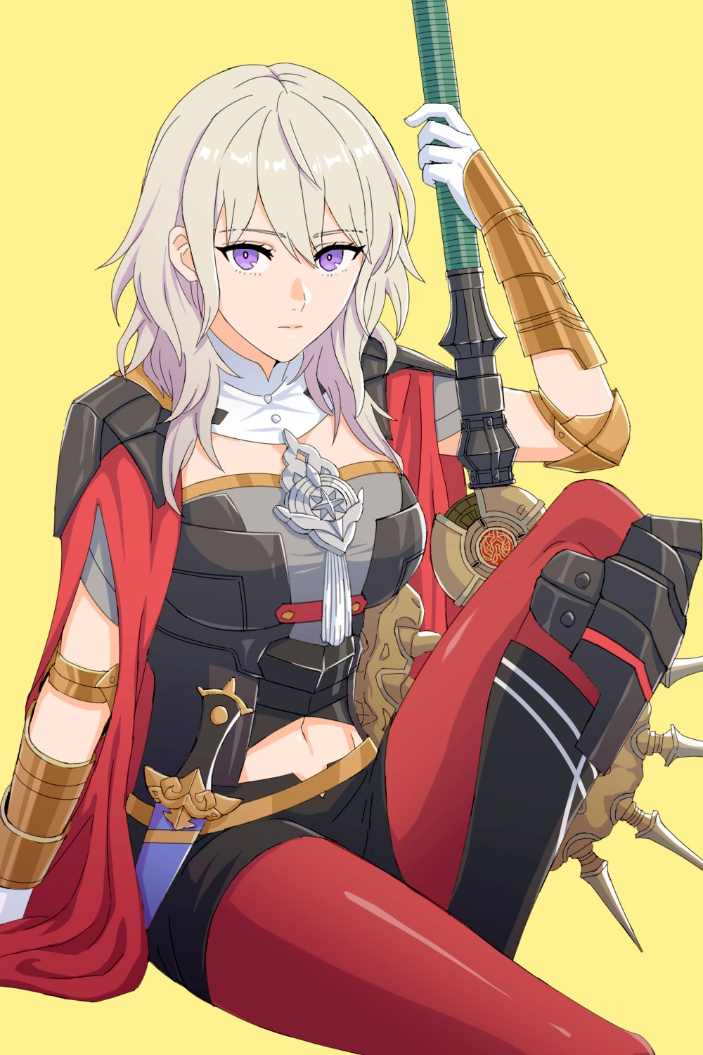 1girl alternate_eye_color alternate_hair_color aymr_(fire_emblem) b_counter25 female_byleth_(fire_emblem) cosplay edelgard_von_hresvelg edelgard_von_hresvelg_(cosplay) fire_emblem fire_emblem:_three_houses grey_hair hair_between_eyes highres looking_at_viewer medium_hair navel nintendo pantyhose purple_eyes simple_background sitting solo yellow_background