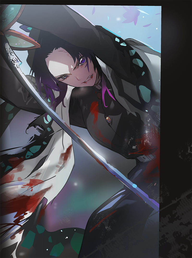 1girl black_hair black_jacket black_pants blood blood_from_mouth blood_on_clothes clenched_teeth from_below gradient_hair haori holding holding_sword holding_weapon jacket japanese_clothes katana kimetsu_no_yaiba kochou_shinobu long_sleeves military military_uniform multicolored_hair naye pants purple_eyes purple_hair short_hair solo sword teeth torn_clothes weapon