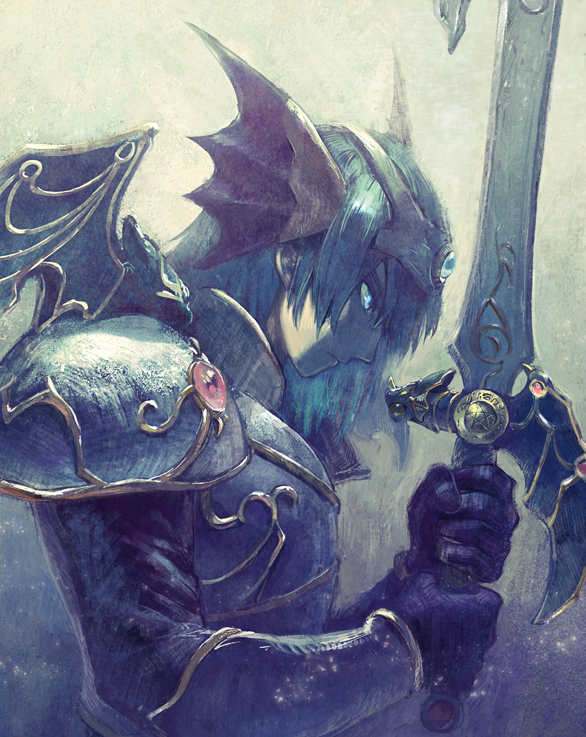 1boy armor blue_gemstone circlet dragon_quest dragon_quest_iv forehead_jewel frown gem gloves gold_trim green_hair head_down helm helmet hero_(dq4) holding holding_sword holding_weapon jewelry male_focus pentagram red_gemstone serious short_hair sword weapon winged_helmet yuza zenithian_sword