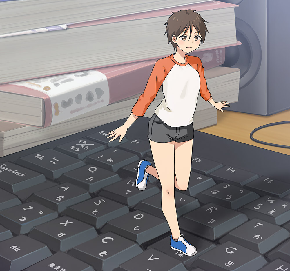 1girl book book_stack breasts brown_hair closed_mouth commentary_request full_body hashi computer_keyboard medium_breasts mini_person minigirl original oversized_object short_hair short_shorts shorts simple_background smile solo standing standing_on_one_leg tomboy