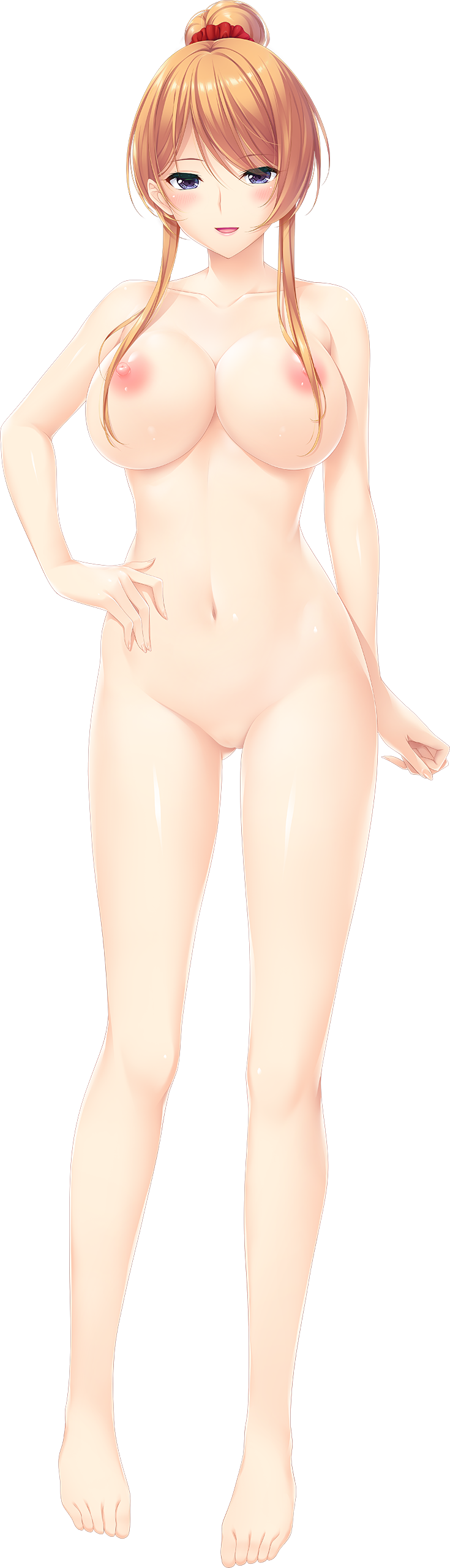 1girl absurdres blue_eyes blush breasts choco_chip collarbone full_body hair_bun hair_ornament hair_scrunchie highres kitagawa_aki large_breasts long_hair looking_at_viewer mamagoto navel nipples no_pussy non-web_source official_art open_mouth orange_hair photoshop_(medium) scrunchie sidelocks single_hair_bun solo standing tachi-e transparent_background