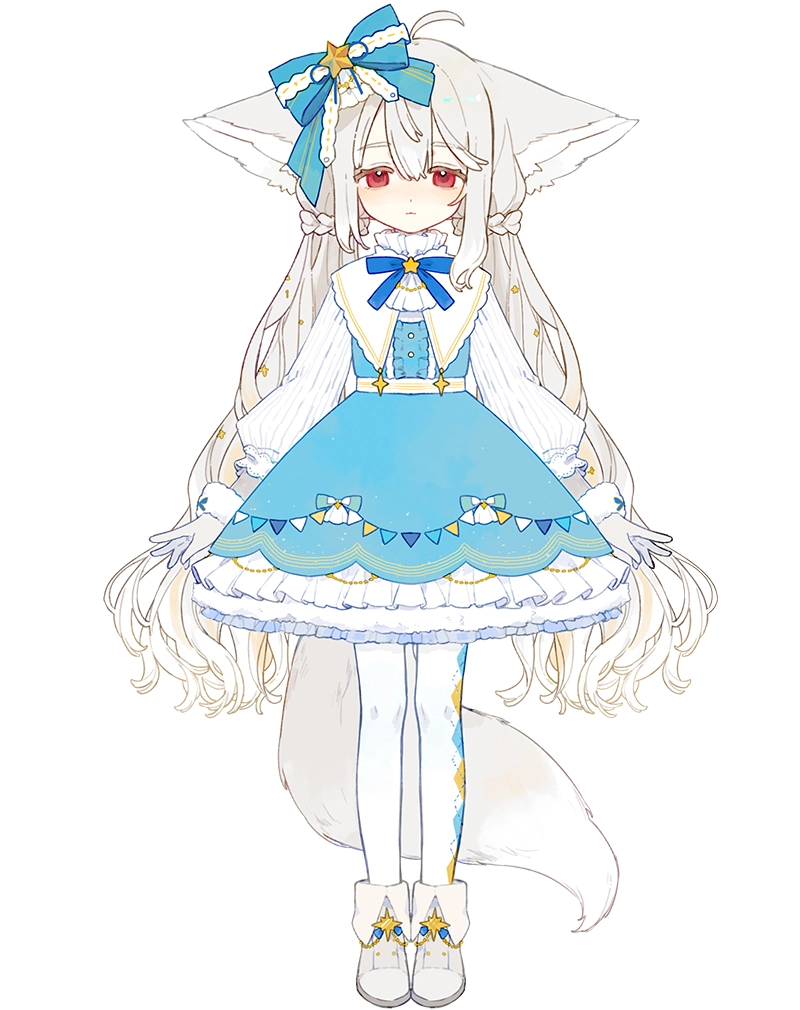 1girl ahoge animal_ear_fluff animal_ears argyle_clothes argyle_pantyhose ascot bacheally back_bow bell bib blue_bow blue_dress boots bow bowtie brown_boots child collar corset dress ears_down facing_ahead fox_ears fox_girl fox_tail frilled_collar frilled_dress frills full_body fur-trimmed_gloves fur_trim gloves hair_between_eyes hair_bow hair_ornament hair_scrunchie high_collar large_bow large_ears large_tail layered_dress long_hair long_sleeves looking_at_viewer original pantyhose print_dress puffy_sleeves red_eyes sakurada_shiro_(hy_plus) scrunchie shirt simple_background solo standing star_ornament striped_clothes striped_dress tail vertical-striped_sleeves very_long_hair white_background white_gloves white_hair white_pantyhose white_shirt white_sleeves winter_clothes