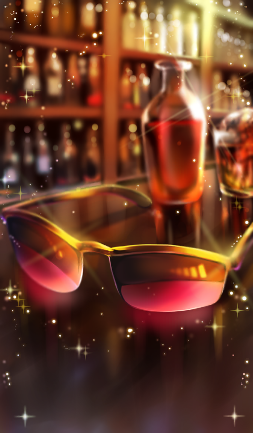 bar_(place) bottle brown_theme commentary cup fate/grand_order fate_(series) ice ice_cube indoors lasengle lens_flare no_humans object_focus official_art pink-tinted_eyewear sparkle still_life sunglasses third-party_source tinted_eyewear unworn_eyewear yellow-framed_eyewear