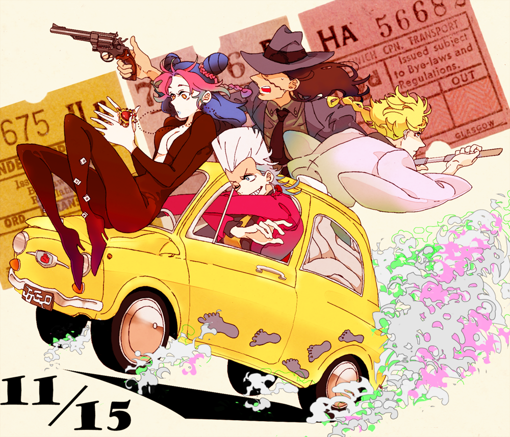1girl 3boys arsene_lupin_iii arsene_lupin_iii_(cosplay) battle_tendency blonde_hair blue_hair brown_hair car cosplay dark-skinned_male dark_skin double_bun flower footprints giorno_giovanna gun hair_bun handgun hat highway_star_(stand) ishikawa_goemon_xiii ishikawa_goemon_xiii_(cosplay) jacket jean_pierre_polnareff jigen_daisuke jigen_daisuke_(cosplay) jojo_no_kimyou_na_bouken kobayashi_kiyoshi kuujou_jolyne long_hair lupin_iii meganeneko mine_fujiko mine_fujiko_(cosplay) mohammed_avdol motor_vehicle multicolored_hair multiple_boys namikawa_daisuke necktie one_eye_closed pink_hair red_jacket red_stone_of_aja revolver sawashiro_miyuki short_hair stardust_crusaders stone_ocean taxi two-tone_hair vehicle_focus vento_aureo voice_actor_connection weapon white_hair yellow_necktie