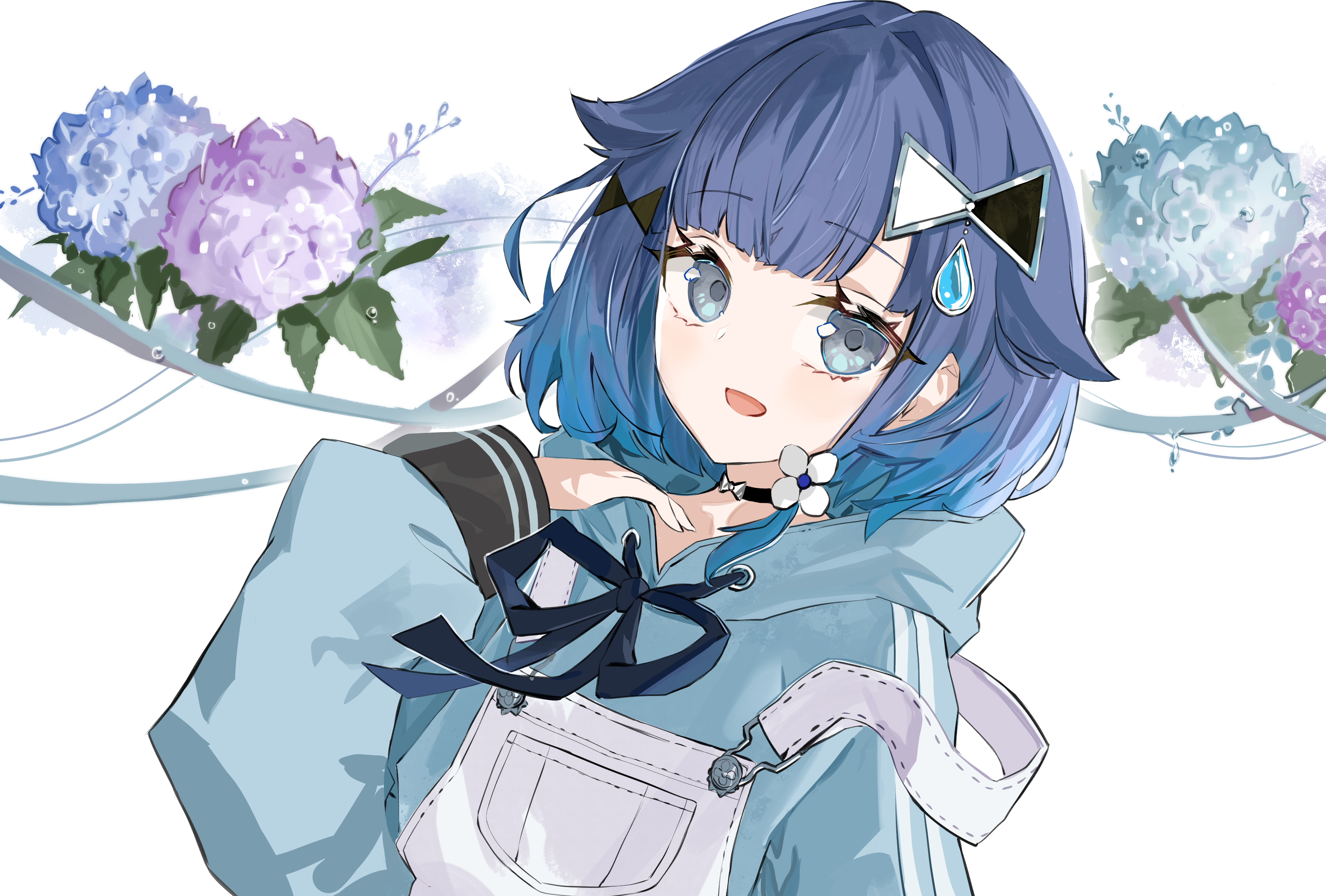 1girl absurdres black_choker blue_eyes blue_hair blue_hoodie blunt_bangs choker drawstring flower hair_flower hair_intakes hair_ornament hairpin highres hood hood_down hoodie long_sleeves looking_at_viewer medium_hair open_mouth overalls parted_bangs pointy_hair puffy_long_sleeves puffy_sleeves ryoma_(rym_369) single_sidelock solo strap_slip striped_clothes striped_hoodie tied_drawstring tsumugi_kokage upper_body virtual_youtuber vspo!