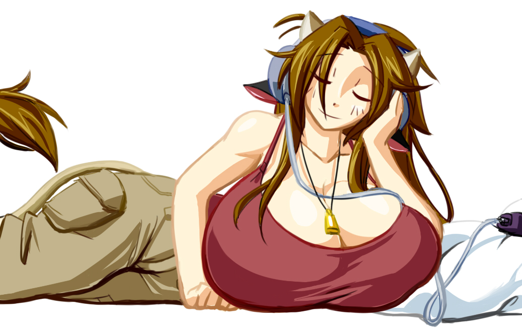 1girl animal_ears bare_shoulders breasts brown_hair cleavage closed_eyes cow_ears cow_girl cow_horns cow_tail cowbell dot_nose graph_(graphiteknight) headphones horns huge_breasts long_hair lying mattie_(ego_trigger) original pants pillow red_shirt shirt sleeveless smile solo tail white_background
