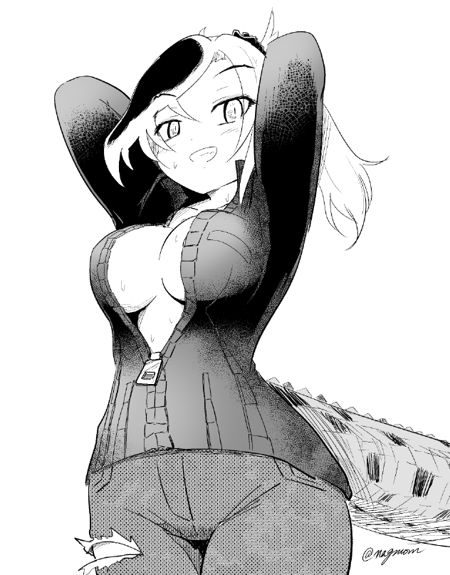 1girl arms_behind_head arms_up asymmetrical_hair breasts collared_jacket cowboy_shot crocodilian_tail denim greyscale grin high_ponytail jacket jeans kemono_friends long_hair long_sleeves looking_at_viewer medium_breasts monochrome multicolored_hair no_bra pants partially_unzipped ponytail saltwater_crocodile_(kemono_friends) slit_pupils smile solo sweat tail taurine_8000mg torn_clothes torn_jeans torn_pants wing_collar zipper zipper_pull_tab