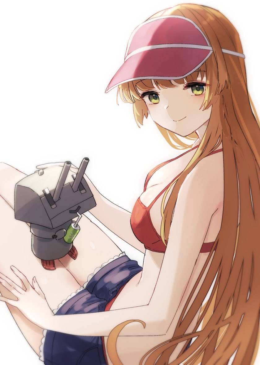 1girl 1other bikini blush breasts brown_hair cleavage drink green_eyes helena_(kancolle) helena_(swimsuit)_(kancolle) kantai_collection long_hair looking_at_viewer medium_breasts official_alternate_costume red_bikini shorts solo swimsuit tank_turret visor_cap white_background yamashichi_(mtseven)