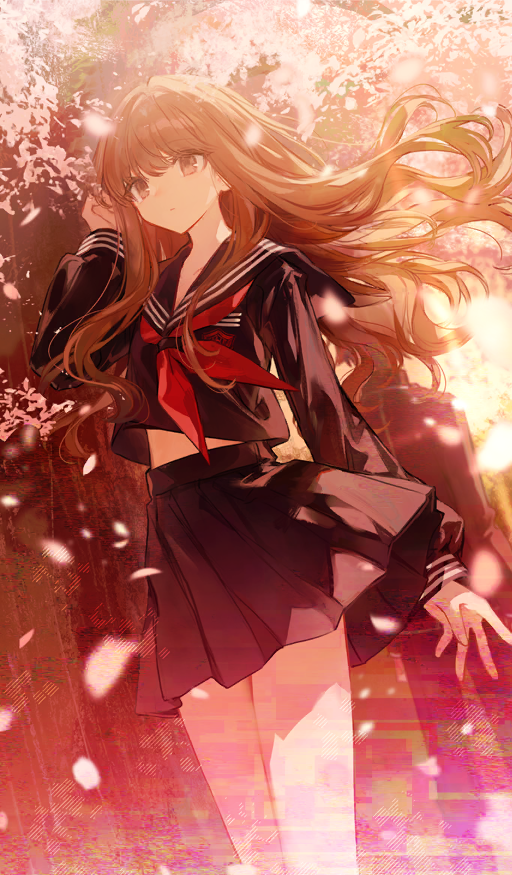 1girl black_shirt black_skirt breasts brown_eyes brown_hair cherry_blossoms chocoan fate/extra fate/grand_order fate_(series) kishinami_hakuno_(female) long_hair long_sleeves looking_at_viewer medium_breasts neckerchief official_art petals pleated_skirt red_neckerchief sailor_collar shirt sidelocks skirt thighs tree tsukumihara_academy_uniform_(fate/extra_ccc)