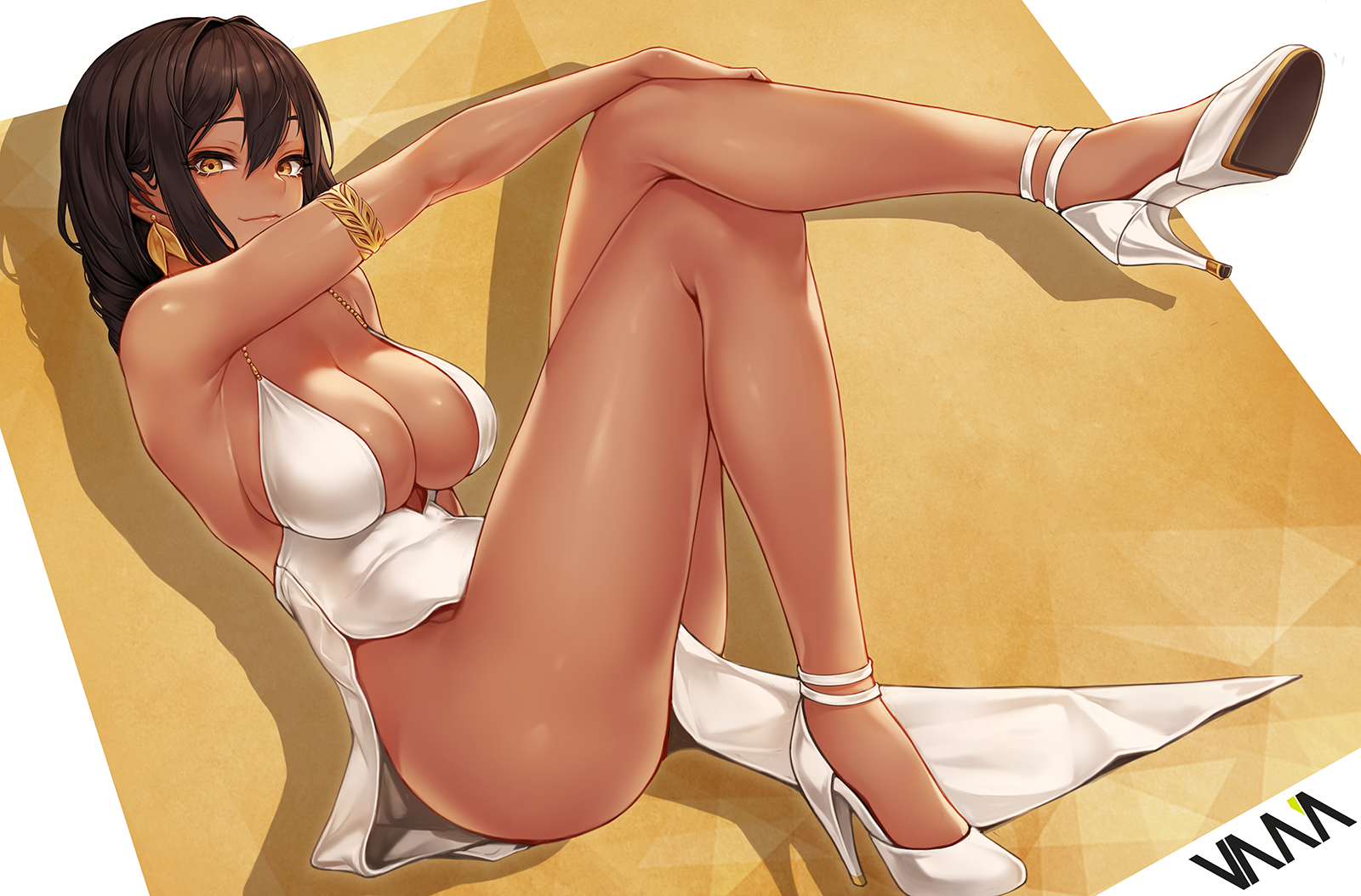 1girl armlet armpits ass azur_lane bare_legs bare_shoulders black_hair breasts brown_eyes cleavage clothes_between_thighs crossed_legs dark-skinned_female dark_skin dress earrings female_focus high_heels highres jewelry knees_up large_breasts leg_up looking_at_viewer medium_hair pelvic_curtain reclining side_slit sidelocks sleeveless sleeveless_dress smile solo south_dakota_(azur_lane) south_dakota_(solo_concert)_(azur_lane) thighs vana white_dress white_footwear