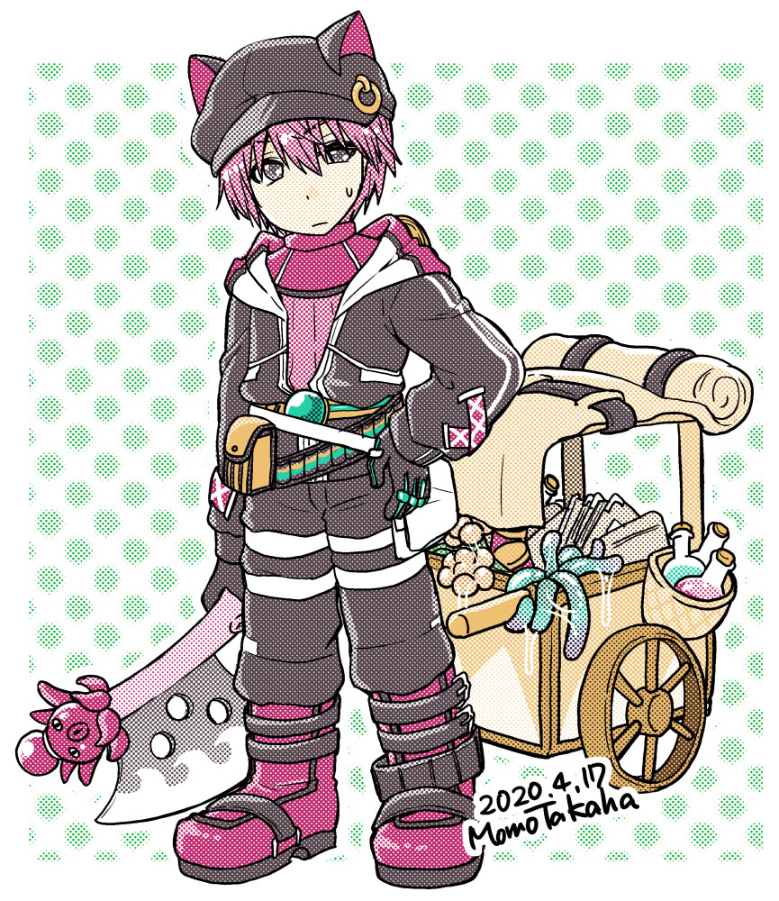 1boy animal_ear_headwear animal_ears artist_name axe belt belt_pouch black_eyes black_gloves black_jumpsuit boots brown_belt cat_ears closed_mouth commentary_request dated expressionless fake_animal_ears full_body gloves green_background hair_between_eyes hand_on_own_hip holding holding_axe jumpsuit long_sleeves looking_at_viewer male_focus mechanic_(ragnarok_online) official_alternate_costume open_jumpsuit pink_hair polka_dot polka_dot_background potion pouch pullcart ragnarok_online red_boots red_shirt shirt short_hair solo standing takaha_momo tentacles