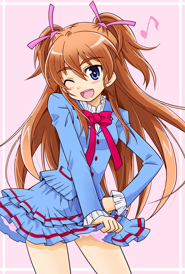 10s 1girl ;d blue_eyes blue_shirt blush bow female_focus hair_ribbon houjou_hibiki long_hair musical_note one_eye_closed open_mouth orange_hair pink_bow precure ribbon school_uniform shirt skirt smile solo suite_precure two_side_up wink yuuma_(artist) yuuma_(skirthike)