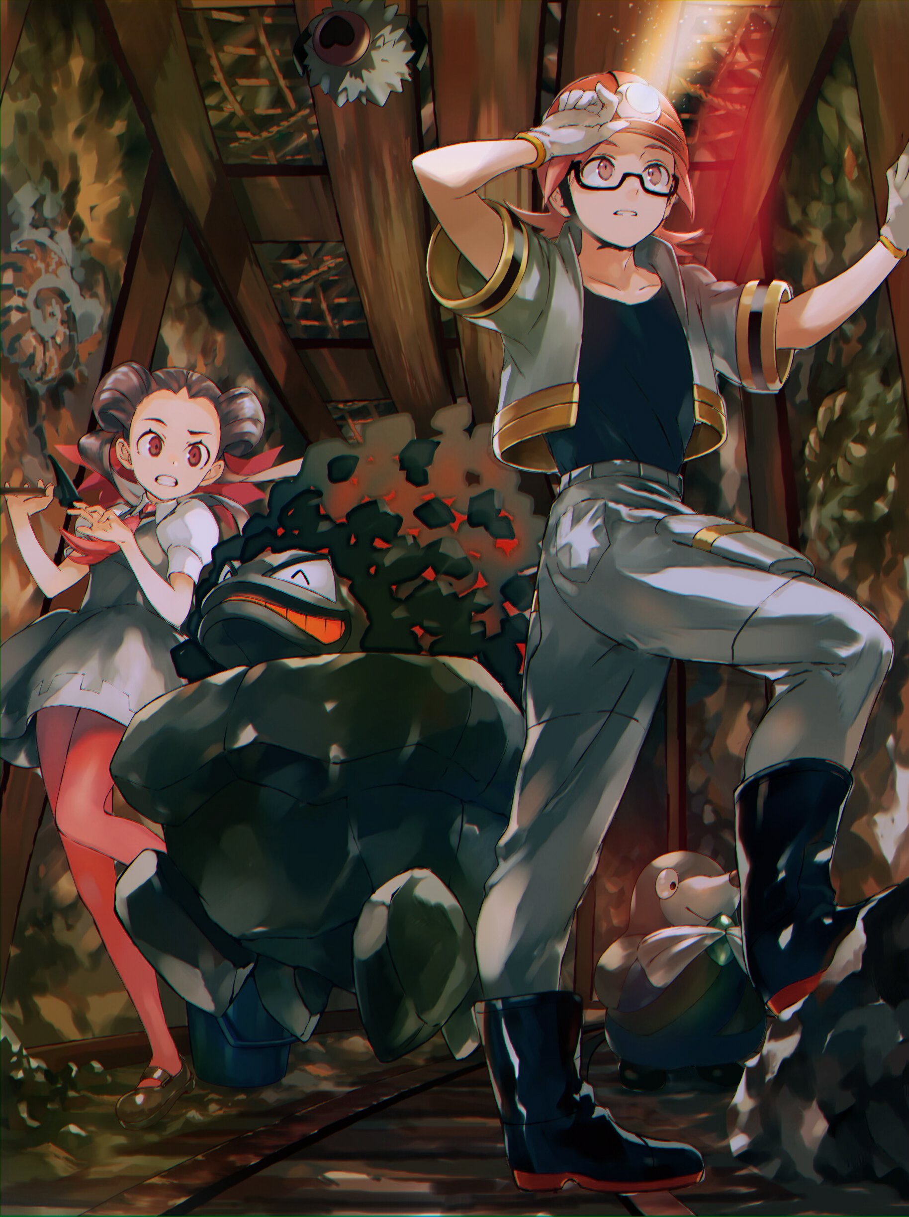 1boy 1girl absurdres baggy_pants black-framed_eyewear black_footwear black_shirt boots brown_hair carkol cave_interior clenched_teeth coal collarbone collared_shirt commentary_request dress drilbur fossil from_below gen_5_pokemon gen_8_pokemon glasses gloves grey_dress grey_jacket grey_pants hands_up helmet highres holding jacket leg_up light long_hair nintendo orange_mikan pants pantyhose parted_lips pokemon pokemon_(creature) pokemon_dppt pokemon_oras red_eyes red_hair red_headwear roark_(pokemon) roxanne_(pokemon) shirt shoes short_sleeves teeth twintails white_gloves white_shirt woobat
