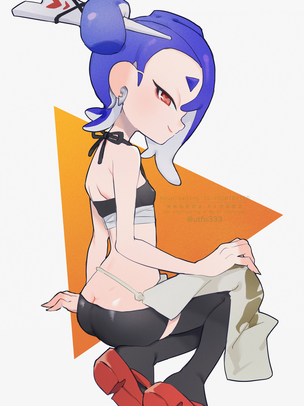 1girl ass blue_hair butt_crack chest_sarashi dimples_of_venus ear_piercing from_side hair_ornament hair_over_one_eye hair_stick highres looking_at_viewer looking_back nintendo octoling piercing red_eyes sandals sarashi shiver_(splatoon) shiver_(splatoon_raiders) shorts sitting smile solo splatoon_(series) splatoon_raiders tank_top tentacle_hair thighhighs utfu333