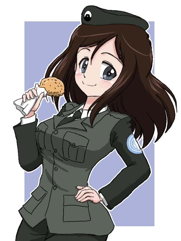 1girl beret black_hair black_hat black_jacket black_necktie black_skirt blue_background blue_eyes brown_hair chicken_(food) closed_mouth commentary dress_shirt emblem food fried_chicken girls_und_panzer hand_on_own_hip hat holding holding_food jacket japanese_tankery_league_(emblem) long_hair long_sleeves looking_at_viewer megumi_(girls_und_panzer) military military_hat military_uniform necktie outline outside_border pencil_skirt selection_university_(emblem) selection_university_military_uniform shirt skirt smile solo standing swept_bangs takahashi_kurage white_outline white_shirt