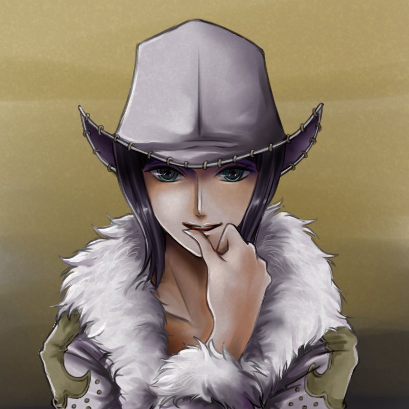 1girl black_hair blue_eyes coat collarbone commentary_request cowboy_hat finger_to_mouth fur-trimmed_coat fur-trimmed_collar fur-trimmed_sleeves fur_trim gradient_background hat looking_at_viewer medium_hair nico_robin nico_robin_(alabasta) official_alternate_costume one_piece smile solo thumb_to_mouth upper_body white_coat white_hat yuri_kohi