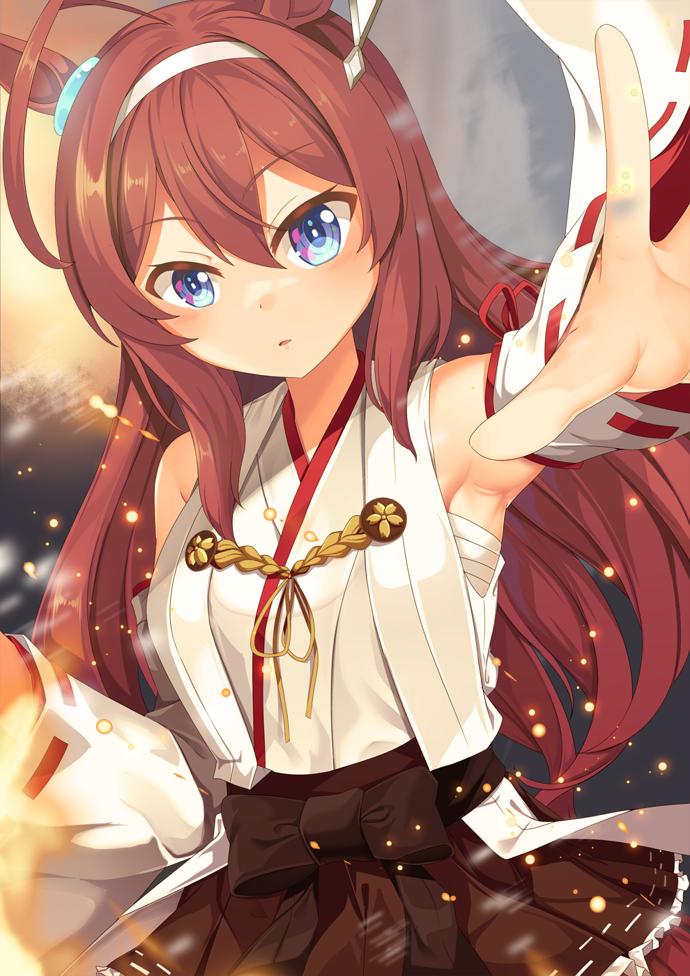 1girl alternate_costume animal_ears black_skirt blue_eyes breasts brown_hair cosplay cowboy_shot detached_sleeves ear_ornament fire hair_between_eyes hairband hakama hakama_short_skirt hakama_skirt headgear highres horse_ears horse_girl horse_tail japanese_clothes kantai_collection kongou_(kancolle) kongou_(kancolle)_(cosplay) kongou_kai_ni_(kancolle) long_hair looking_at_viewer medium_breasts mihono_bourbon_(umamusume) nontraditional_miko ribbon-trimmed_sleeves ribbon_trim skirt solo tail umamusume yasume_yukito