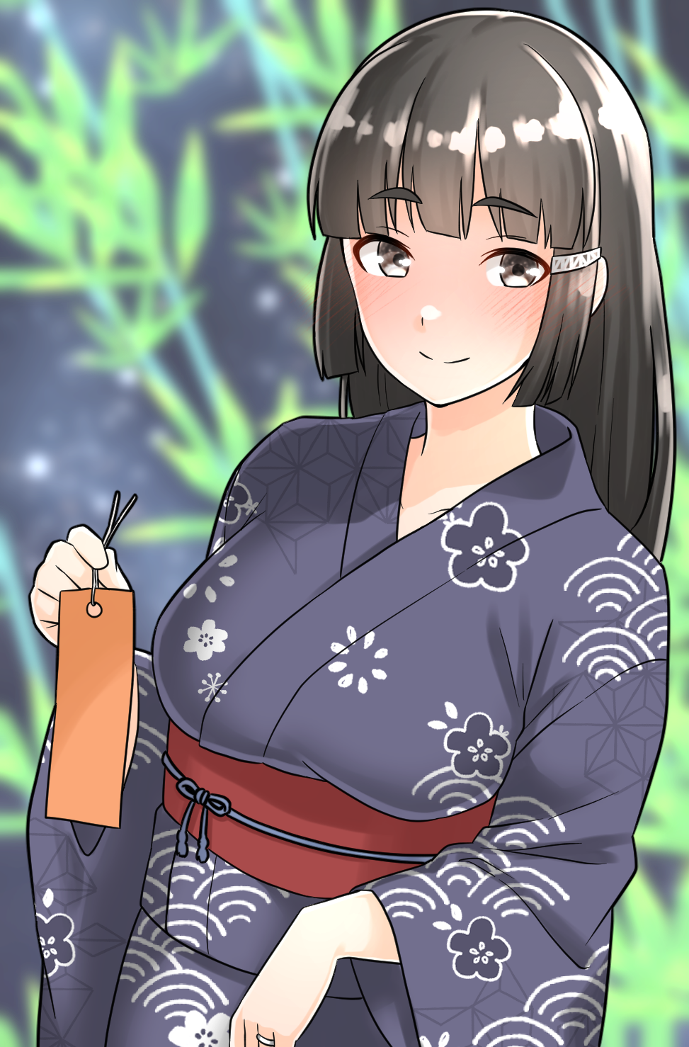 1girl alternate_costume black_eyes black_hair black_kimono blush breasts collarbone furaggu_(frag_0416) hair_ornament highres holding holding_tanzaku japanese_clothes jewelry kantai_collection kimono large_breasts long_hair long_sleeves looking_at_viewer myoukou_(kancolle) obi ring sash smile solo tanabata tanzaku wedding_ring wide_sleeves