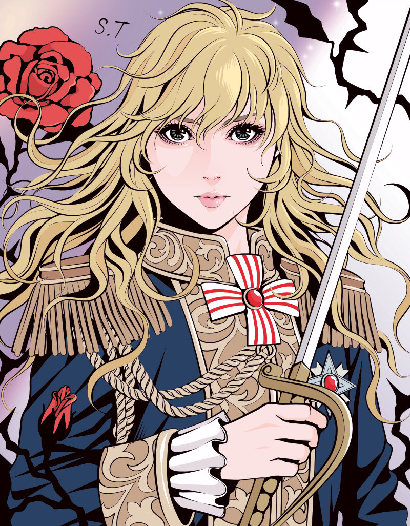 1girl blonde_hair blue_jacket closed_mouth commentary_request epaulettes eyelashes flower frilled_cuffs grey_eyes hair_between_eyes holding holding_sword holding_weapon jacket limited_palette lips long_hair oscar_francois_de_jarjayes pink_lips red_flower red_rose rose signature solo spot_color sword takanashi_shin upper_body versailles_no_bara wavy_hair weapon