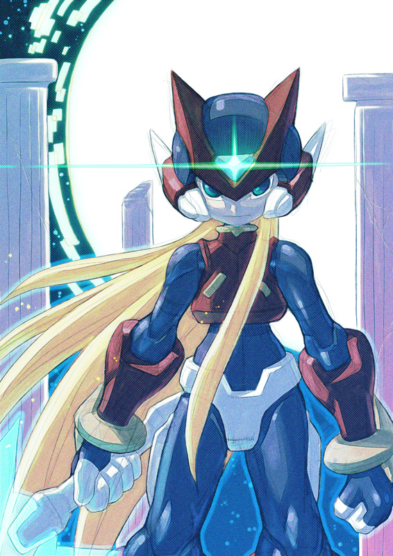 1boy blonde_hair bodysuit capcom energy_blade gloves glowing go! green_eyes helmet male_focus mega_man_(series) mega_man_zero_(series) pillar solo zero(z)_(mega_man) zero_(mega_man)