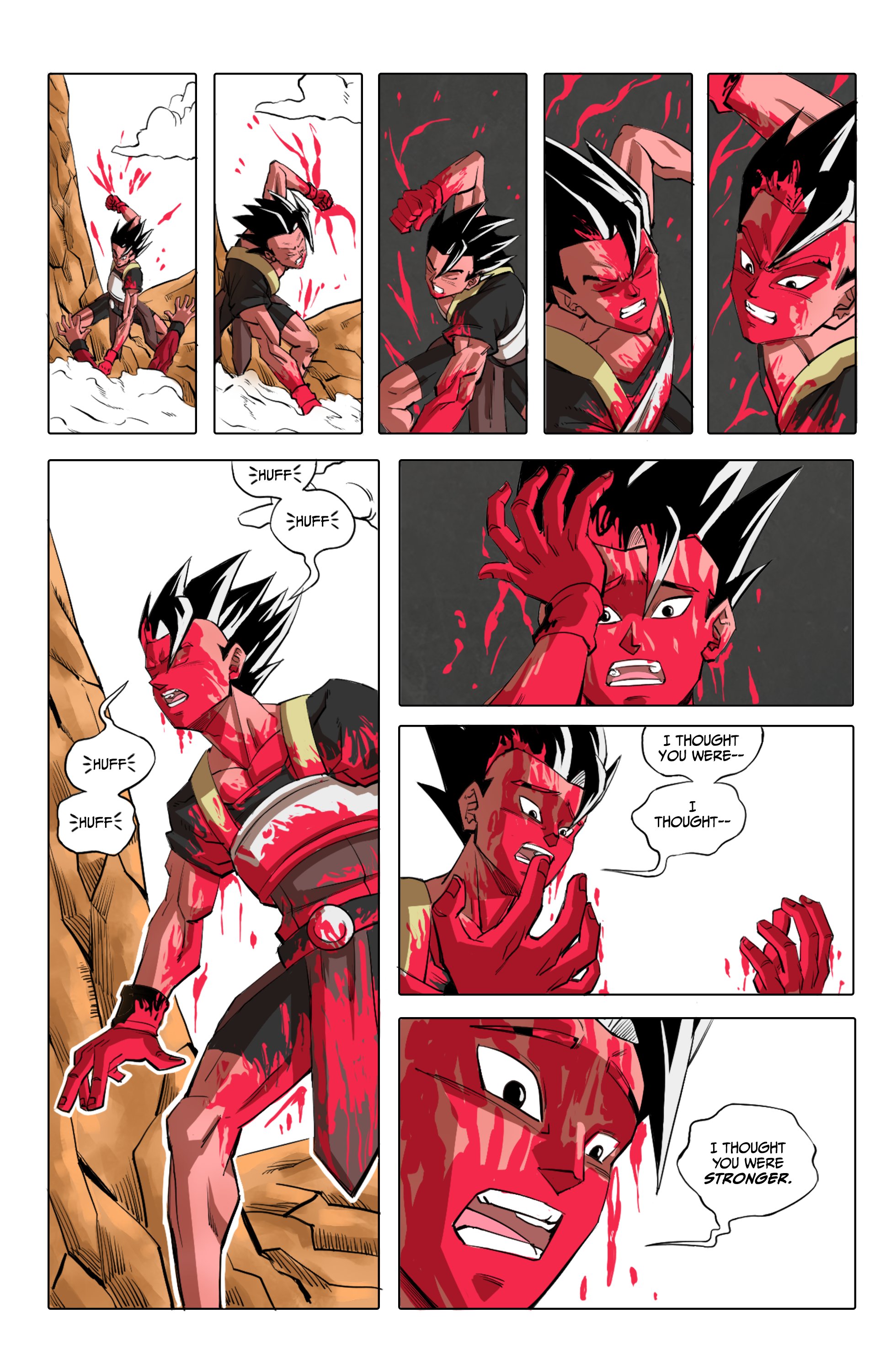 2boys absurdres after_battle alternate_color black_hair black_shirt black_shorts blood blood_drip blood_in_hair blood_on_arm blood_on_body blood_on_clothes blood_on_face blood_on_hands blood_on_leg blood_on_neck blood_on_pectorals cabba clenched_hand clenched_teeth closed_eyes cloud comic comic_panel_redraw commentary curtained_hair death derivative_work dragon_ball dragon_ball_gt dragon_ball_super english_commentary english_text feet_out_of_frame furrowed_brow gogeta highres in-franchise_crossover invincible_(series) looking_at_hands male_focus multiple_boys open_mouth out_of_frame outdoors pectorals punching saiyan_armor shirt short_sleeves shorts sky solo_focus speech_bubble spiked_hair super_saiyan super_saiyan_4 teeth toned toned_male tongue v-shaped_eyebrows white_sky zerooart