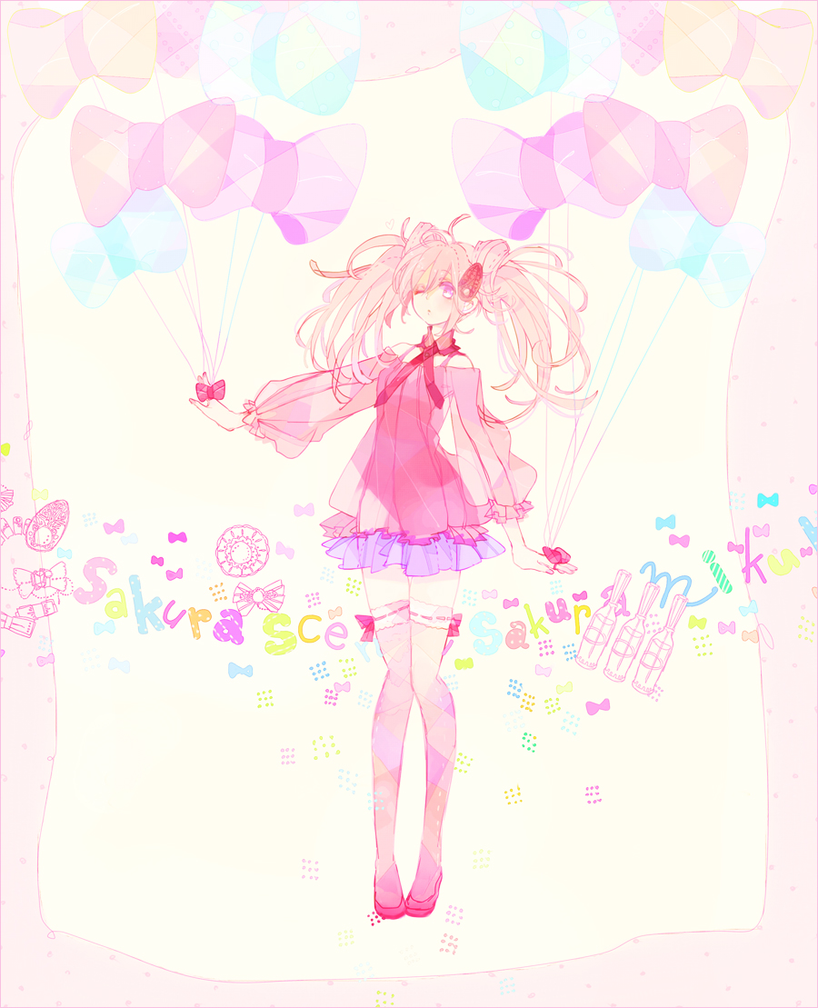 10t_(1010) 1girl balloon boots character_name female_focus hatsune_miku one_eye_closed pink_boots sakura_miku skirt solo thighhighs twintails vocaloid wink