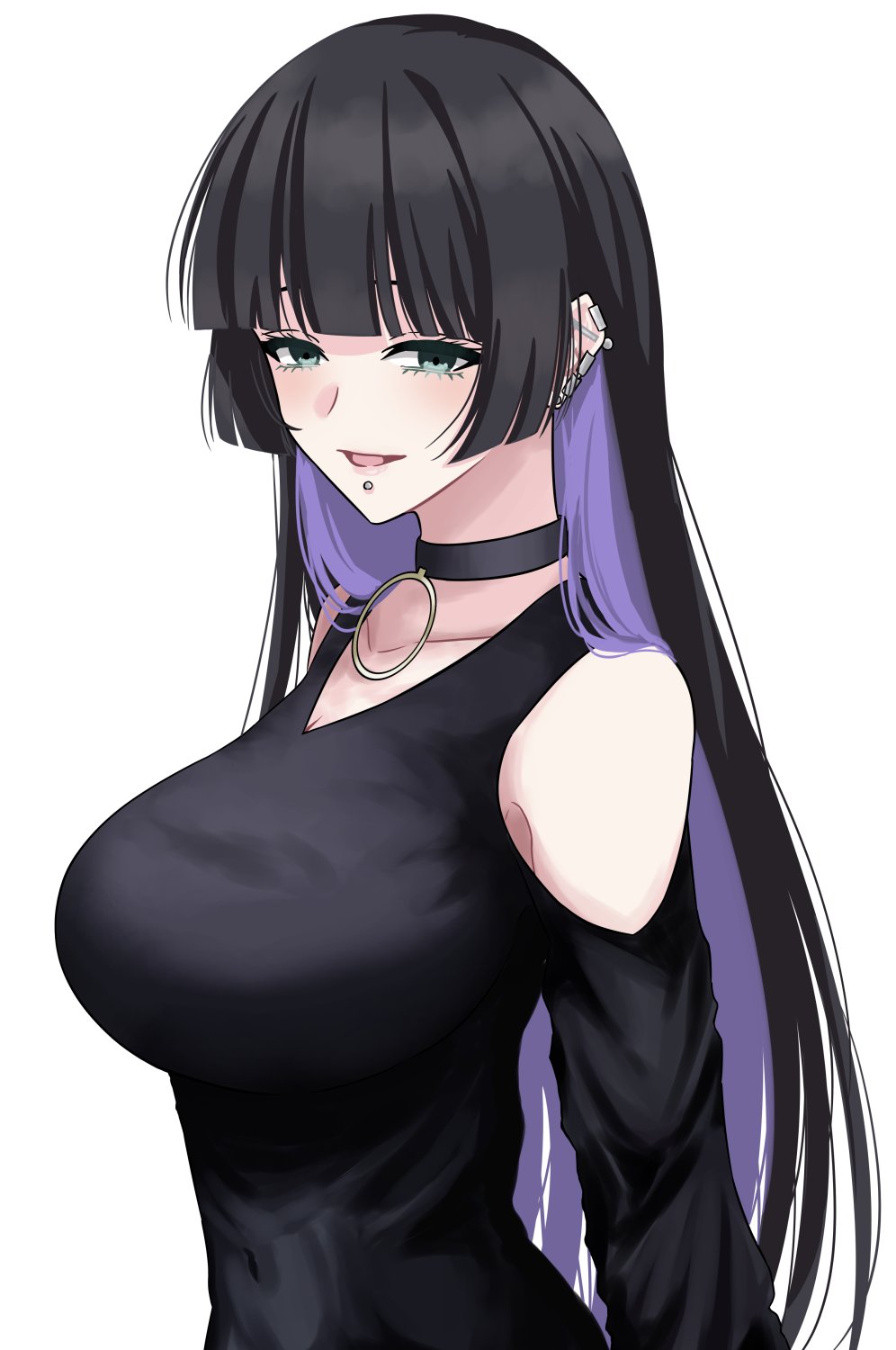 1girl aqua_eyes barbell_piercing black_choker black_dress black_hair blunt_bangs blush bocchi_the_rock! breasts chin_piercing choker clothing_cutout colored_inner_hair cowboy_shot dress ear_piercing earclip earrings goth_fashion half-closed_eyes highres hime_cut industrial_piercing jewelry labret_piercing large_breasts long_hair long_sleeves looking_at_viewer mouth_piercing multicolored_hair open_mouth pa-san piercing purple_hair shoulder_cutout sidelocks simple_background smile solo two-tone_hair yukahire