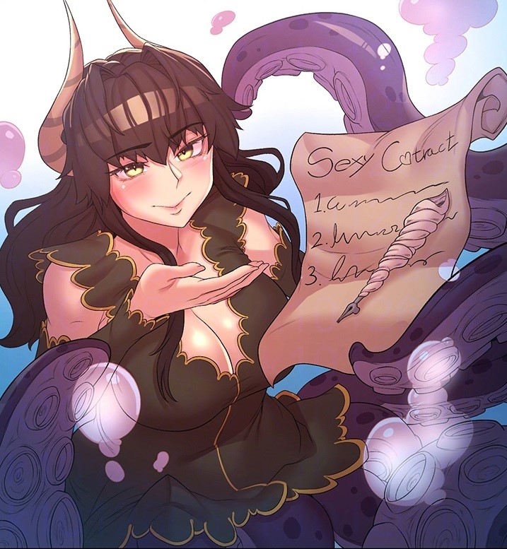 1girl black_dress black_hair blush closed_mouth dress hand_up horns i_am_the_villain long_hair looking_at_viewer parchment sea_witch_(i_am_the_villain) smile tentacles yellow_eyes