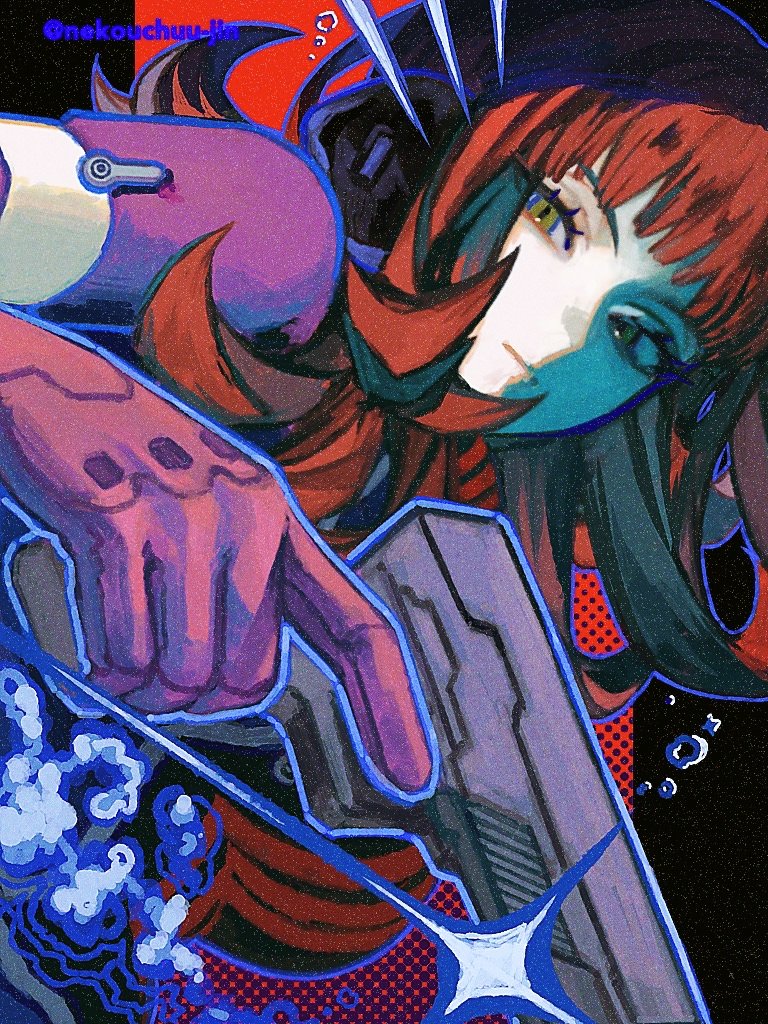 1girl black_background closed_mouth gloves green_eyes gun hand_up handgun headphones holding holding_gun holding_weapon jacket katori_youko long_hair looking_at_viewer nekouchuu_jin purple_gloves purple_jacket red_background red_hair short-sleeved_jacket short_sleeves solo sparkle two-tone_background upper_body weapon world_trigger