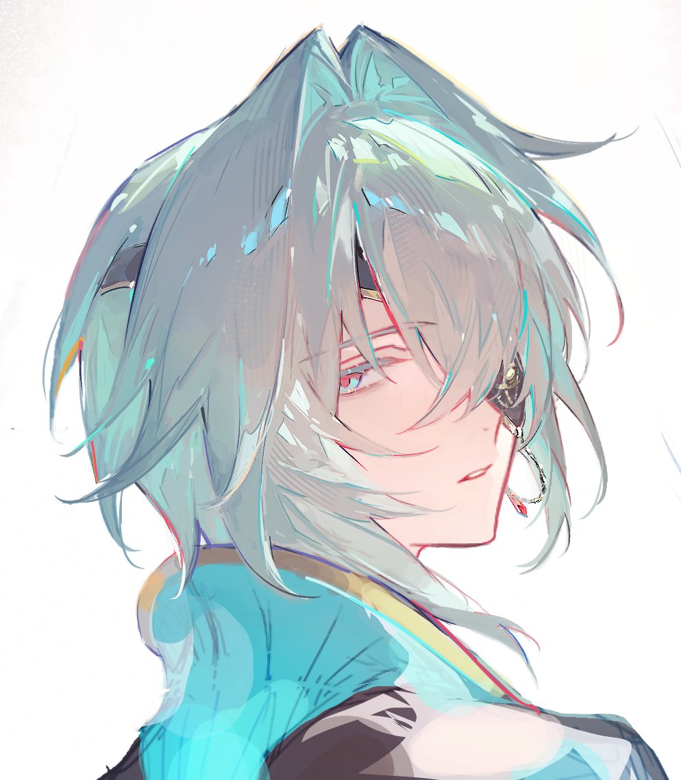 1boy anaxa_(honkai:_star_rail) aqua_hair blue_eyes close-up eyepatch honkai:_star_rail honkai_(series) looking_at_viewer male_focus medium_hair parted_lips pink_pupils renjian_shilian simple_background solo teeth upper_body white_background