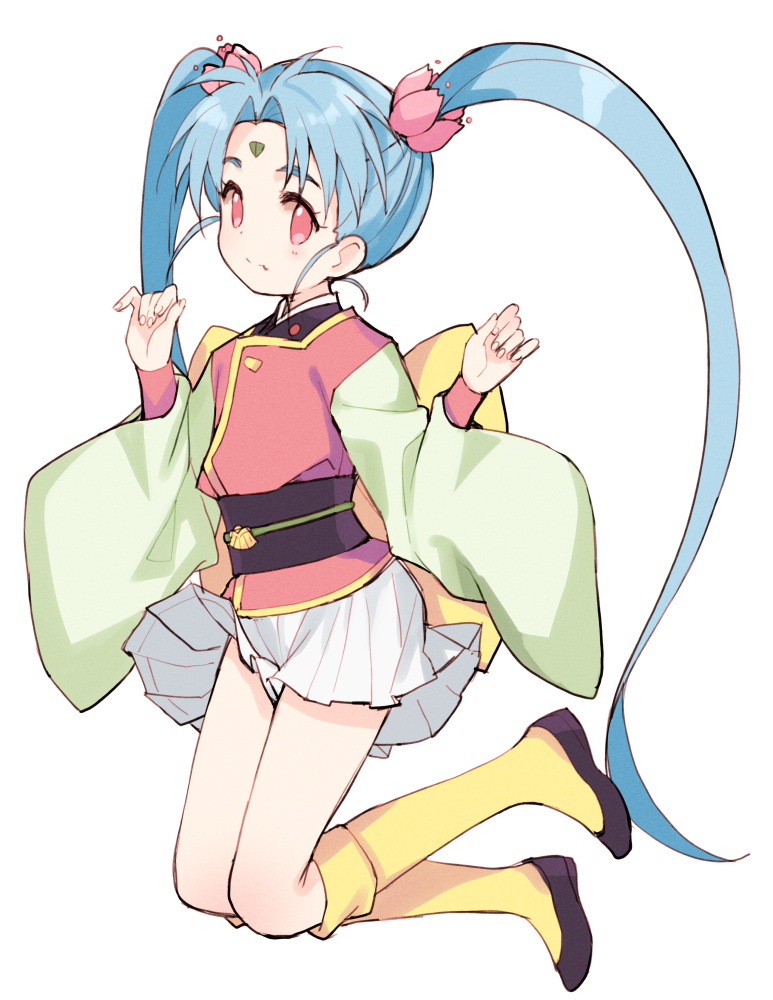 1girl black_jacket black_shoes blue_hair blush closed_mouth commentary_request facial_mark female_focus flower forehead_mark full_body hair_flower hair_ornament hands_up jacket kneehighs long_hair long_sleeves magical_girl mahou_shoujo_pretty_sammy meito_(maze) obi parted_bangs pink_flower pleated_skirt pretty_sammy_(character) red_eyes red_jacket sash shoes simple_background skirt socks solo twintails very_long_hair white_background white_skirt wide_sleeves yellow_socks