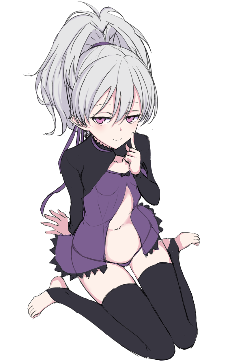 1girl babydoll barefoot blush collarbone commentary_request darker_than_black grey_hair highres lingerie long_sleeves looking_at_viewer nonono_mino panties ponytail purple_eyes purple_panties simple_background sitting solo thighhighs underwear wariza yin_(darker_than_black)