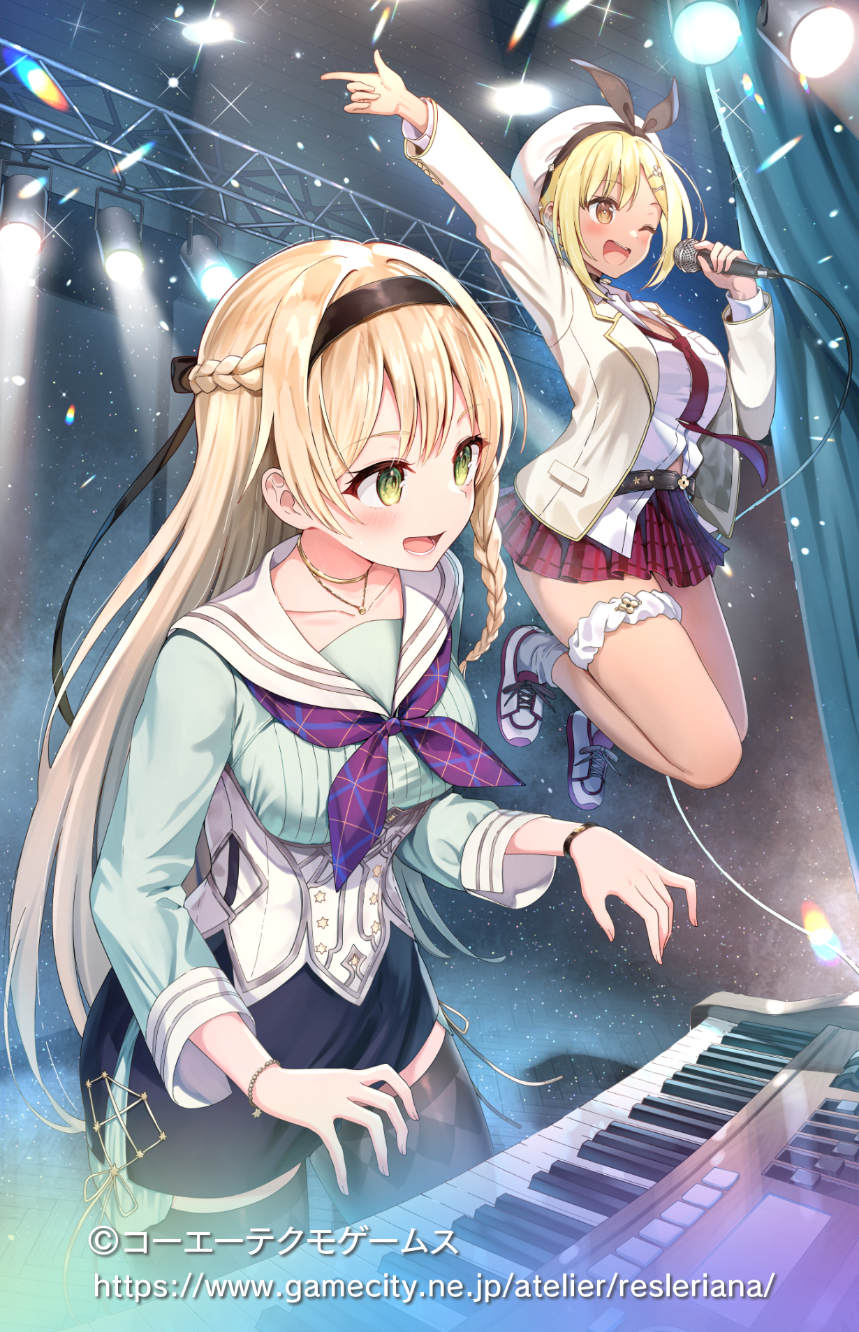 2girls ;d arm_up atelier_(series) atelier_resleriana atelier_ryza atelier_ryza_1 beret black_hairband black_skirt blonde_hair blush braid breasts brown_eyes brown_thighhighs commentary_request curtains green_shirt hair_ornament hairband hairclip hat highres holding holding_microphone instrument jacket jumping keyboard_(instrument) klaudia_valentz long_hair medium_breasts microphone multiple_girls necktie one_eye_closed open_clothes open_jacket open_mouth pleated_skirt red_necktie red_skirt reisalin_stout shirt skirt smile spotlight sune_(mugendai) thighhighs underbust very_long_hair watermark web_address white_hat white_jacket white_shirt