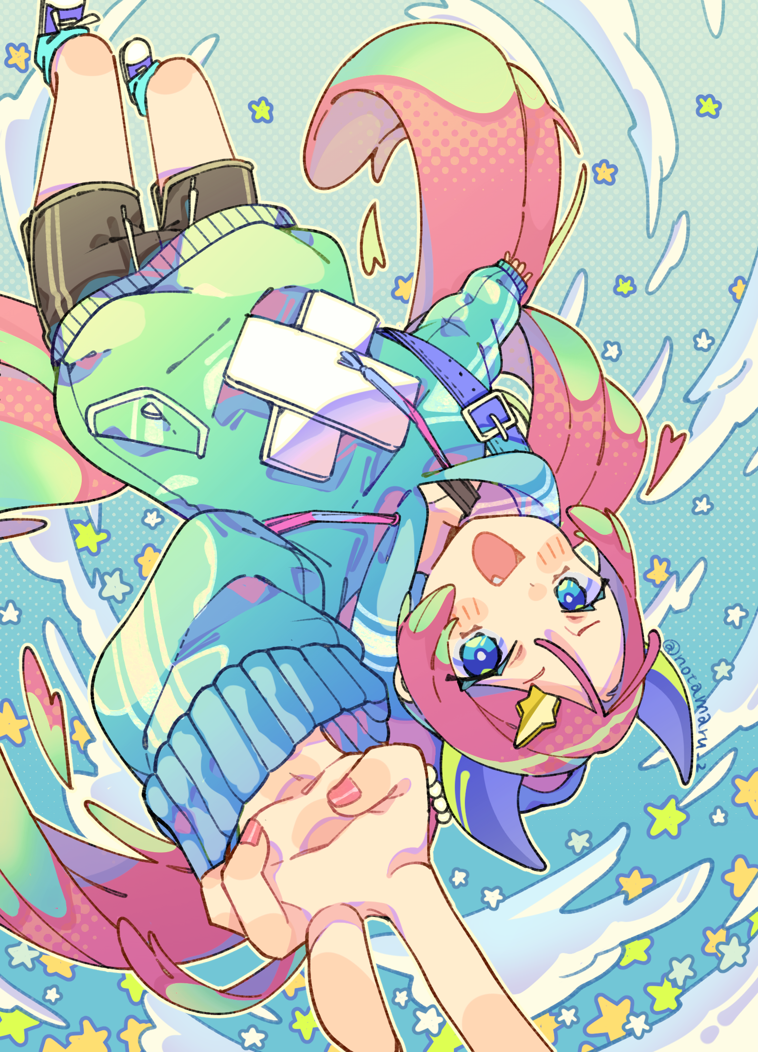 1girl :d black_shorts blue_background blue_eyes blue_socks blush_stickers colorful commentary_request fang green_hoodie hair_ornament highres hood hood_down hoodie long_hair long_sleeves looking_at_viewer notamaru_2 open_mouth original outstretched_arm pink_hair purple_shoes shoes shooting_star_hair_ornament shorts smile socks solo star_(symbol) star_hair_ornament v