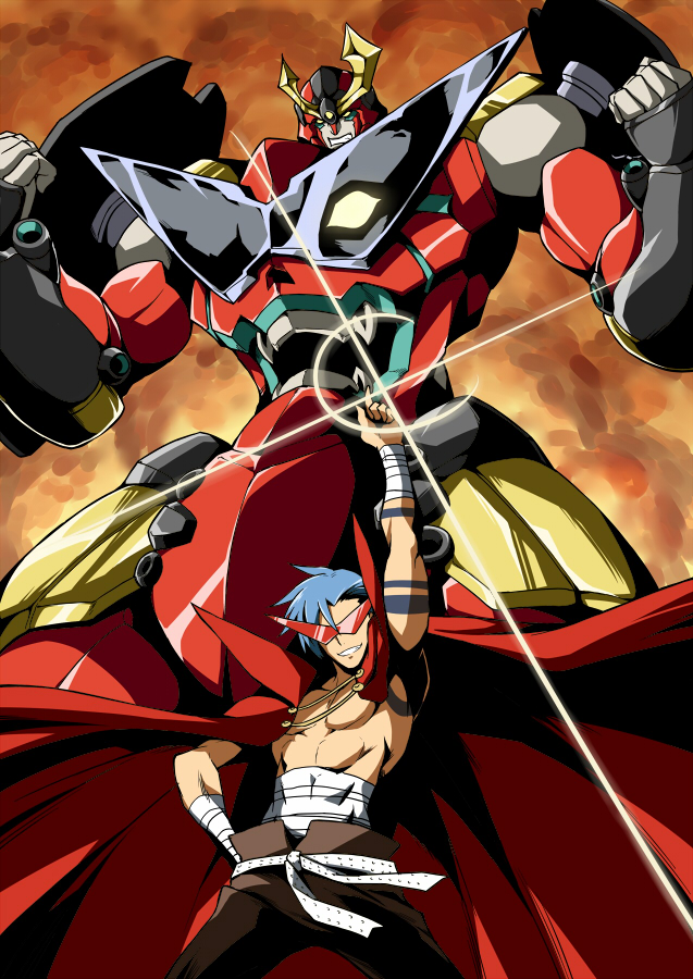 00s 1boy bandages belt blue_hair cape grin gurren-lagann kamina_(ttgl) kamina_pose kamina_shades lens_flare male_focus manly mecha muscular pointing pointing_up robot sarashi shouji_nigou smile solo tattoo tengen_toppa_gurren_lagann topless_male triangular_eyewear