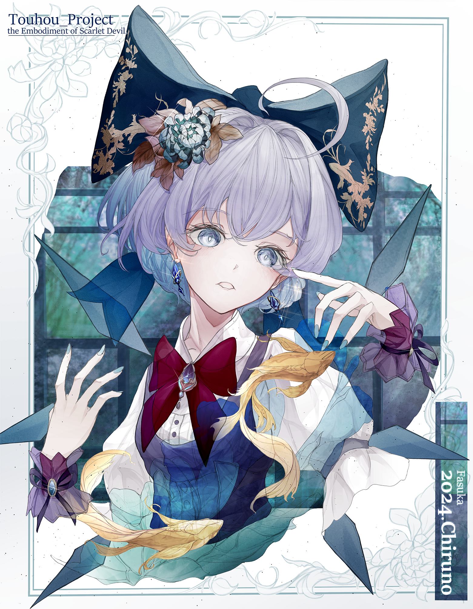 1girl 2024 adapted_costume ahoge artist_name blue_brooch blue_eyes blue_hair blue_nails blue_vest blue_wings border bow bowtie breasts bright_pupils brooch buttons character_name cirno collared_shirt commentary_request cropped_torso detached_wings disembodied_hand earrings fasuka fish flower hair_bow hair_flower hair_intakes hair_ornament hands_up highres jewelry leaf ornate_border parted_lips puffy_sleeves red_bow red_bowtie ribbon shirt short_hair small_breasts solo sparkle touhou upper_body vest white_pupils window wings wrist_cuffs