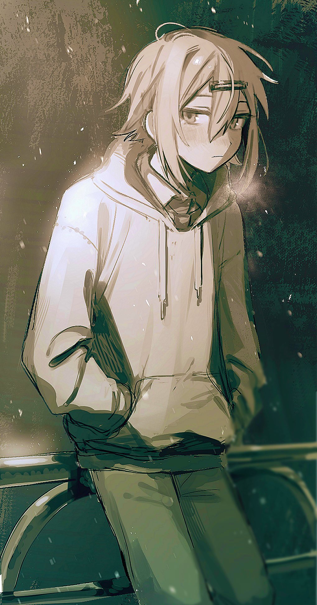 1boy against_railing closed_mouth greyscale hair_between_eyes hair_ornament hairclip hands_in_pockets highres hood hood_down hoodie long_sleeves looking_at_viewer male_focus monochrome ni_22 nijisanji pants railing snow solo uzuki_kou virtual_youtuber