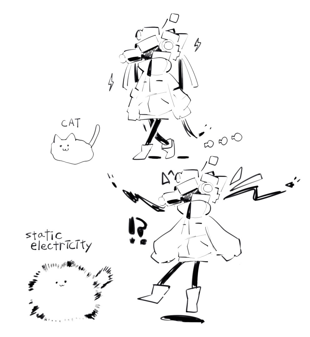 1girl boots bow cable camera cat dalloc_(project_moon) english_text hair_bow jacket library_of_ruina lightning_bolt_symbol long_sleeves madotsuki_ren monitor multiple_views object_head project_moon puffy_long_sleeves puffy_sleeves static_electricity