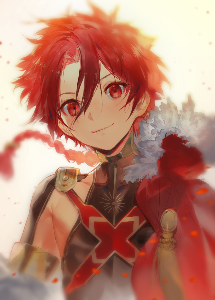 1boy alexander_(fate) armlet braid cape capelet commentary_request covered_collarbone earrings fate/grand_order fate_(series) fur-trimmed_capelet fur_trim gold_trim hair_between_eyes jewelry kodama_(wa-ka-me) looking_at_viewer male_focus messy_hair red_cape red_eyes red_hair single_braid single_earring smile solo turtleneck upper_body