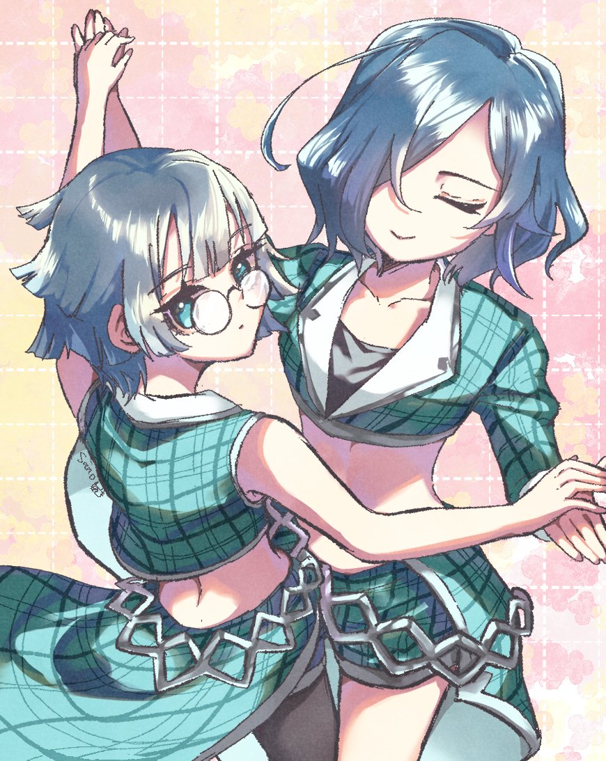 2girls asymmetrical_clothes blue_eyes blue_hair closed_eyes coattails collarbone crop_top dancing glasses hair_over_one_eye hifumi_suu hover_hand idol_clothes kimi_no_koto_ga_dai_dai_dai_dai_daisuki_na_100-nin_no_kanojo midriff multiple_girls nakaji_uto open_mouth outstretched_arms pink_background plaid_clothes sano_ikiro shorts simple_background sleeveless smile sparkle_background standing