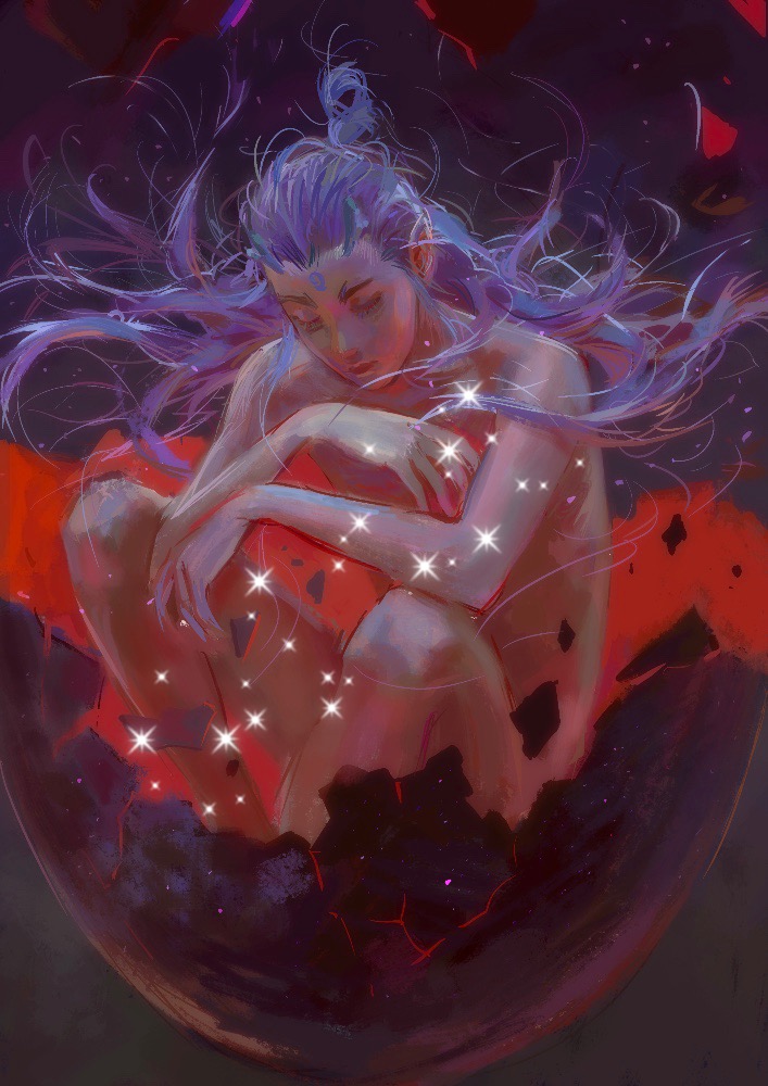 1boy ao_bing_(nezha_zhi_motong_jiangshi) blue_hair chinese_commentary closed_eyes closed_mouth commentary_request cracked_shell curled_up dragon_horns eastern_dragon_horns egg emglory eyelashes floating_hair forked_eyebrows horns knees_up long_hair male_focus nezha_zhi_motong_jiangshi nude pointy_ears sitting solo sparkle