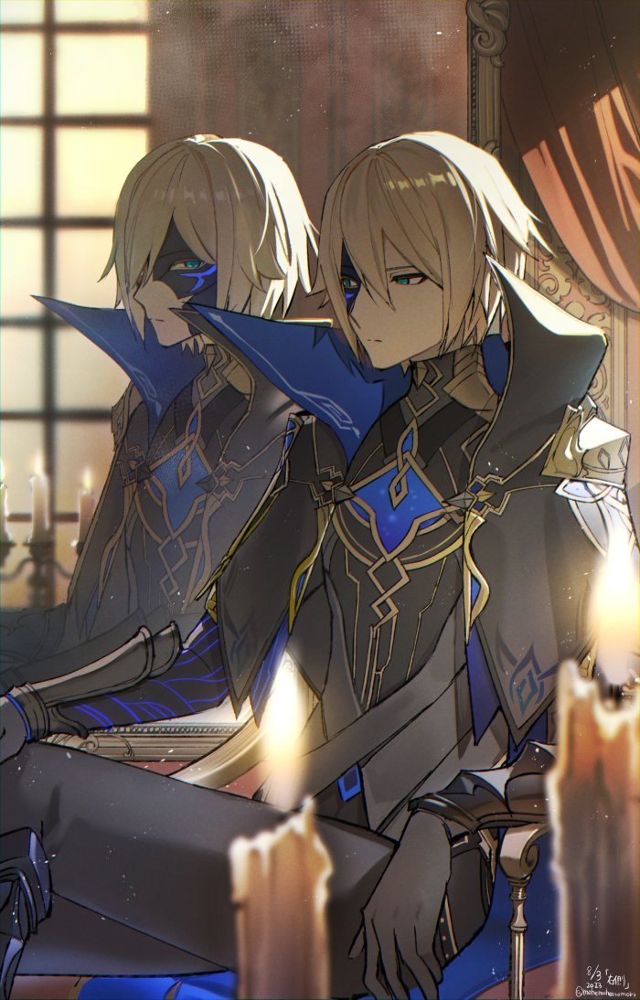1boy artist_name black_cape black_gloves black_jacket black_mask black_pants blonde_hair blue_eyes blurry blurry_foreground candelabra candle candlestand cape chair closed_mouth collared_cape dainsleif_(genshin_impact) dated expressionless fire genshin_impact gloves gold_trim hair_between_eyes half_mask indoors jacket light_particles long_sleeves male_focus mask mask_over_one_eye mirror moemoenomori on_chair pants popped_collar reflection short_hair sideways_glance sitting solo twitter_username two-sided_cape two-sided_fabric window